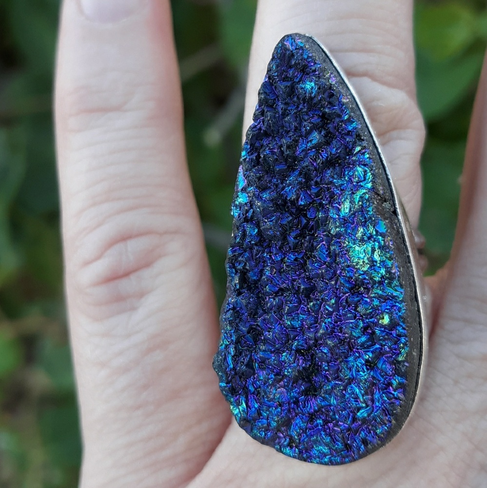 New Titanium Druzy 925 Silver Statement Ring.